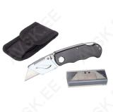 Knife with aluminium handle bowls folding knife for trapezium blades, including belt clip and nylon sheath, blade can be replaced by standard trapezium blades
